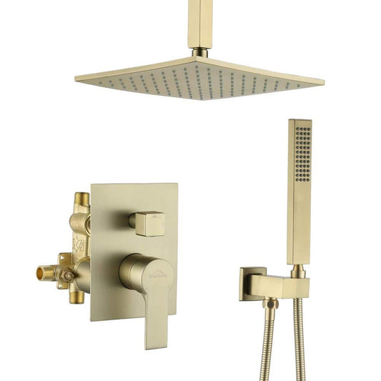  1-Spray Patterns With 2.3 GPM 10 In. Ceiling Mount Dual Shower Heads With Valve Included In Gold