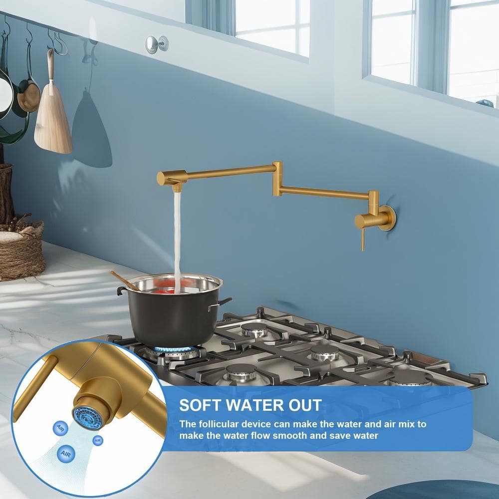  Pot Filler Faucet-Wall Mount Kitchen Sink Faucet Folding Stretchable With Single Hole 2-Handles, Gold