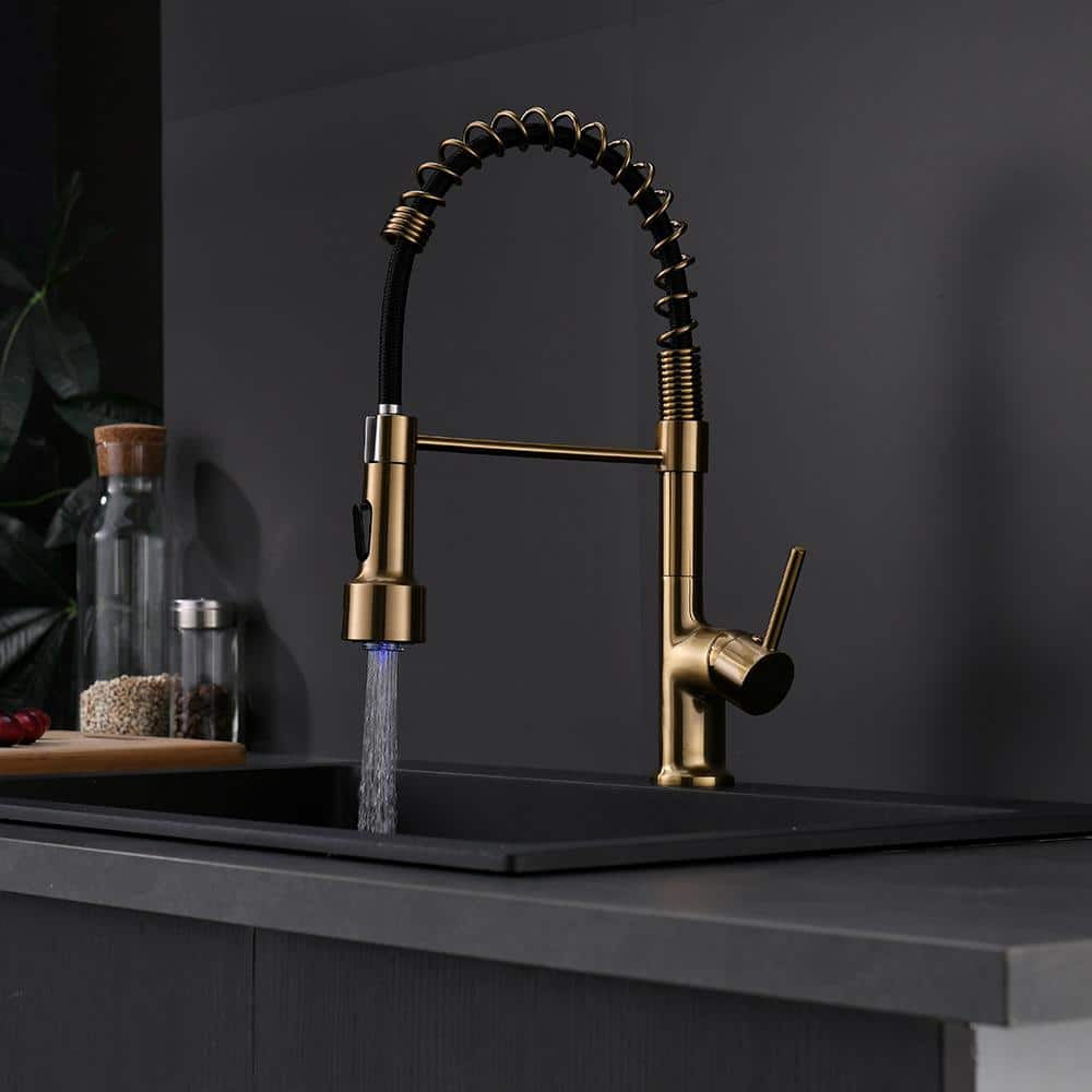  Commercial LED Kitchen Faucet With Pull Down Sprayer, Single Handle Single Lever Kitchen Sink Faucet
