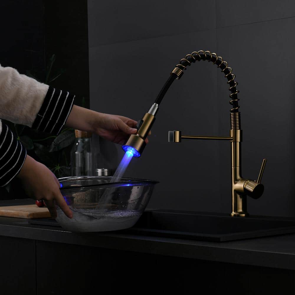  Commercial LED Kitchen Faucet With Pull Down Sprayer, Single Handle Single Lever Kitchen Sink Faucet