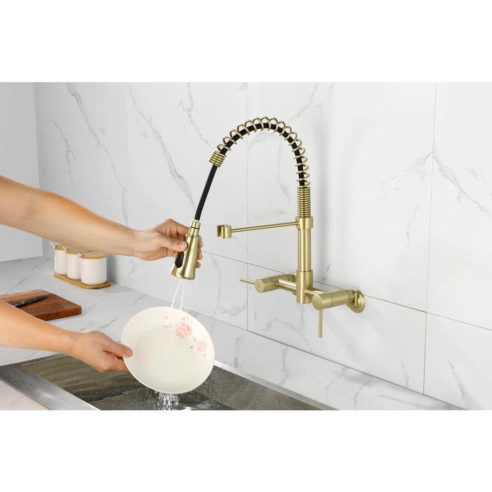  Double Handle Pull Down Sprayer Kitchen Faucet In Gold