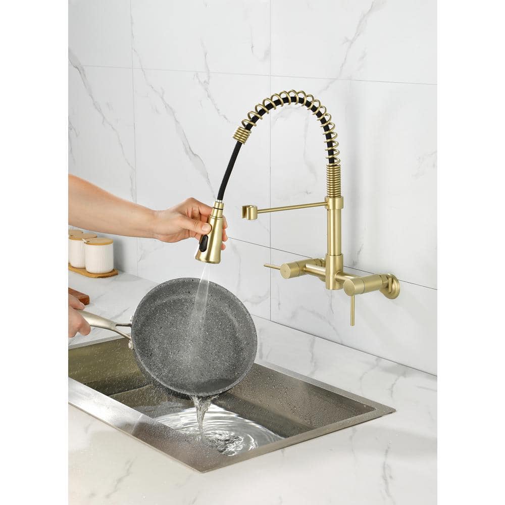  Double Handle Pull Down Sprayer Kitchen Faucet In Gold
