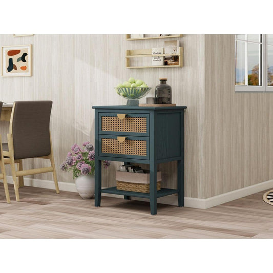  2 Drawer Side Table, Naturel Rattan, End Table, Suitable For Bedroom, Living Room, Study