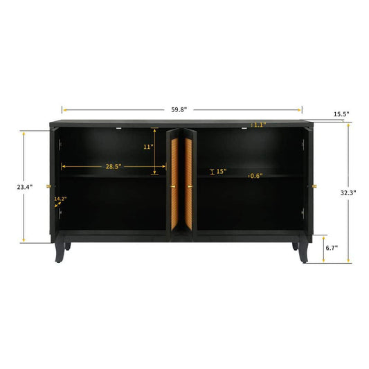  Dark Gray Rattan Sideboard Buffer Cabinet-Handcrafted With Premium Grain Panels, 4-Rattan Doors And Adjustable Shelves