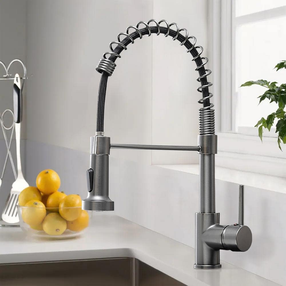  Single Handle Deck Mount Pull Down Sprayer Kitchen Faucet In Gun Grey