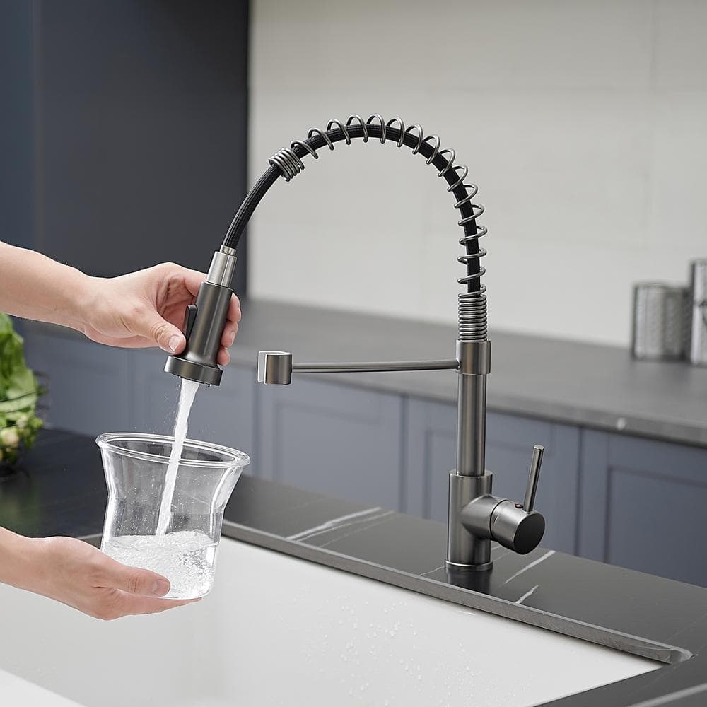  Single Handle Deck Mount Pull Down Sprayer Kitchen Faucet In Gun Grey