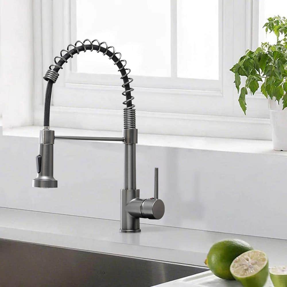  Single Handle Deck Mount Pull Down Sprayer Kitchen Faucet In Gun Grey