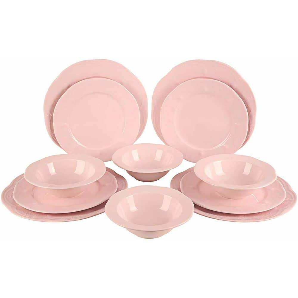  12-Pieces Porcelain Dinnerware Set Light Pink