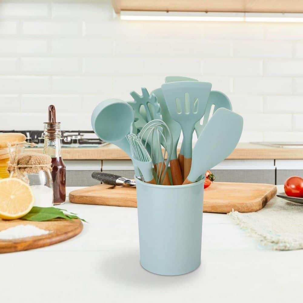  11Pcs Silicone Cooking Utensil Set Heat Resist Wooden Handle Silicone Spatula Turner Ladle Spaghetti Server Tongs