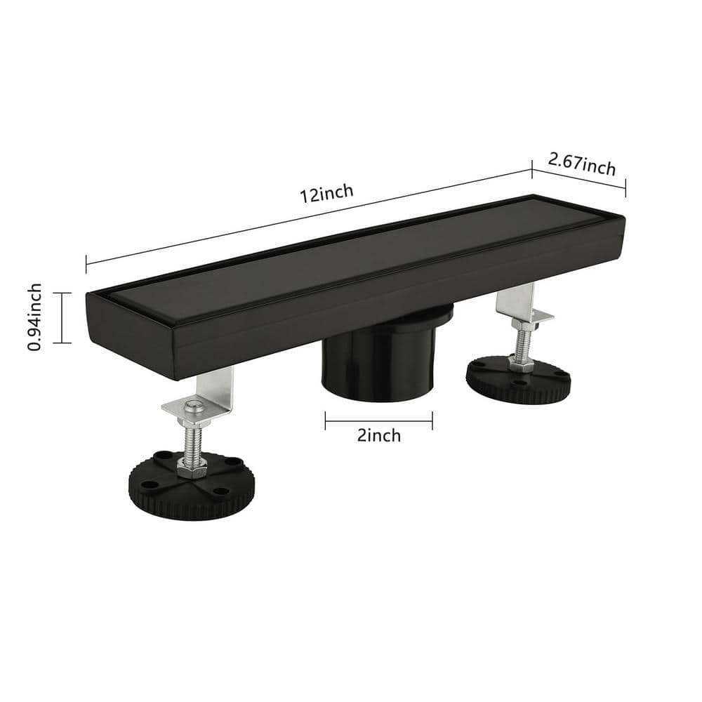  12 In. Linear Shower Drain, Included Hair Strainer And Leveling Feet In Matt Black