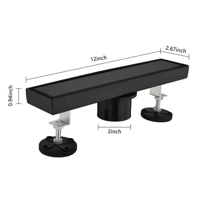  12 In. Linear Shower Drain, Included Hair Strainer And Leveling Feet In Matt Black