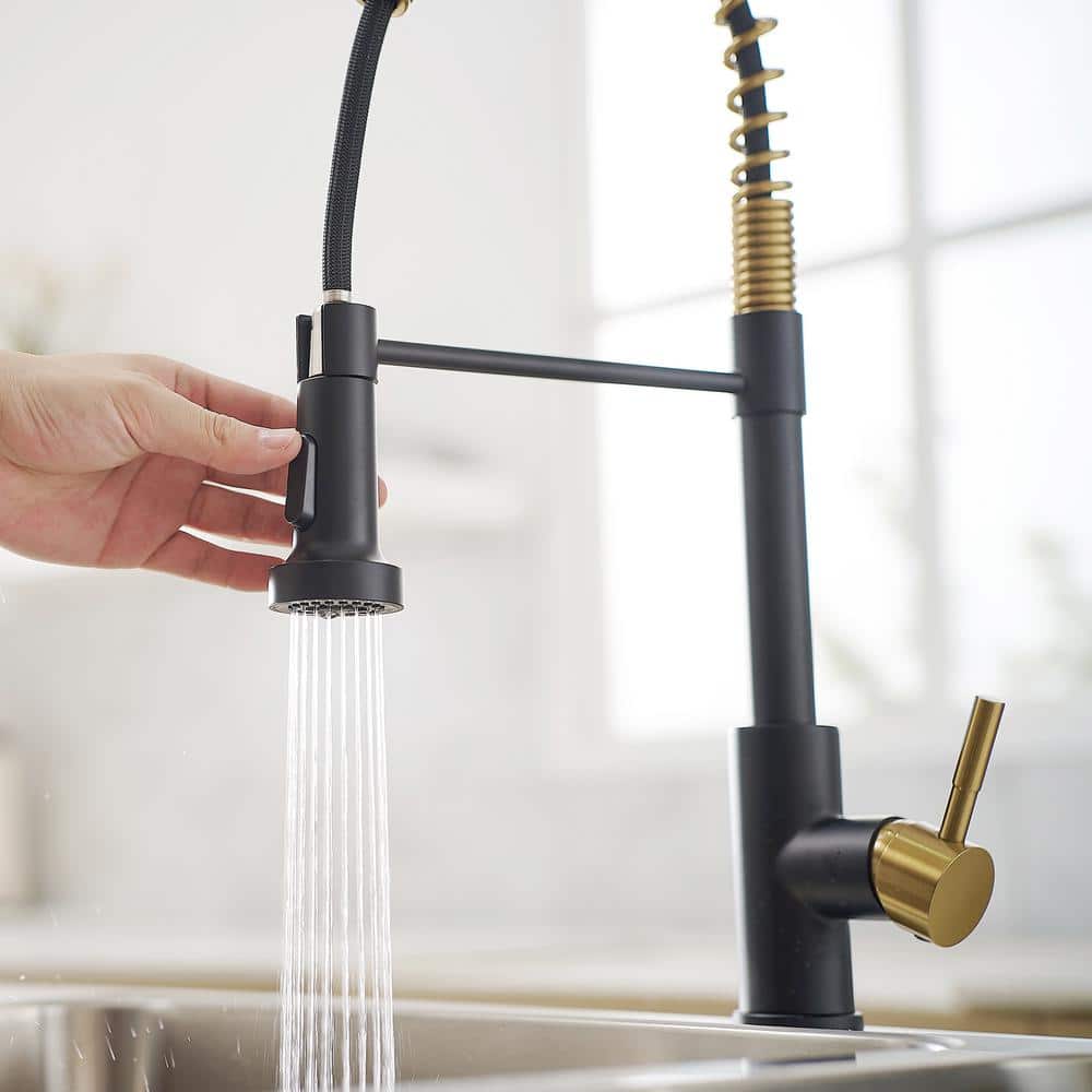  Single Handle No Sensor Pull Down Sprayer Kitchen Faucet In Matte Black And Gold