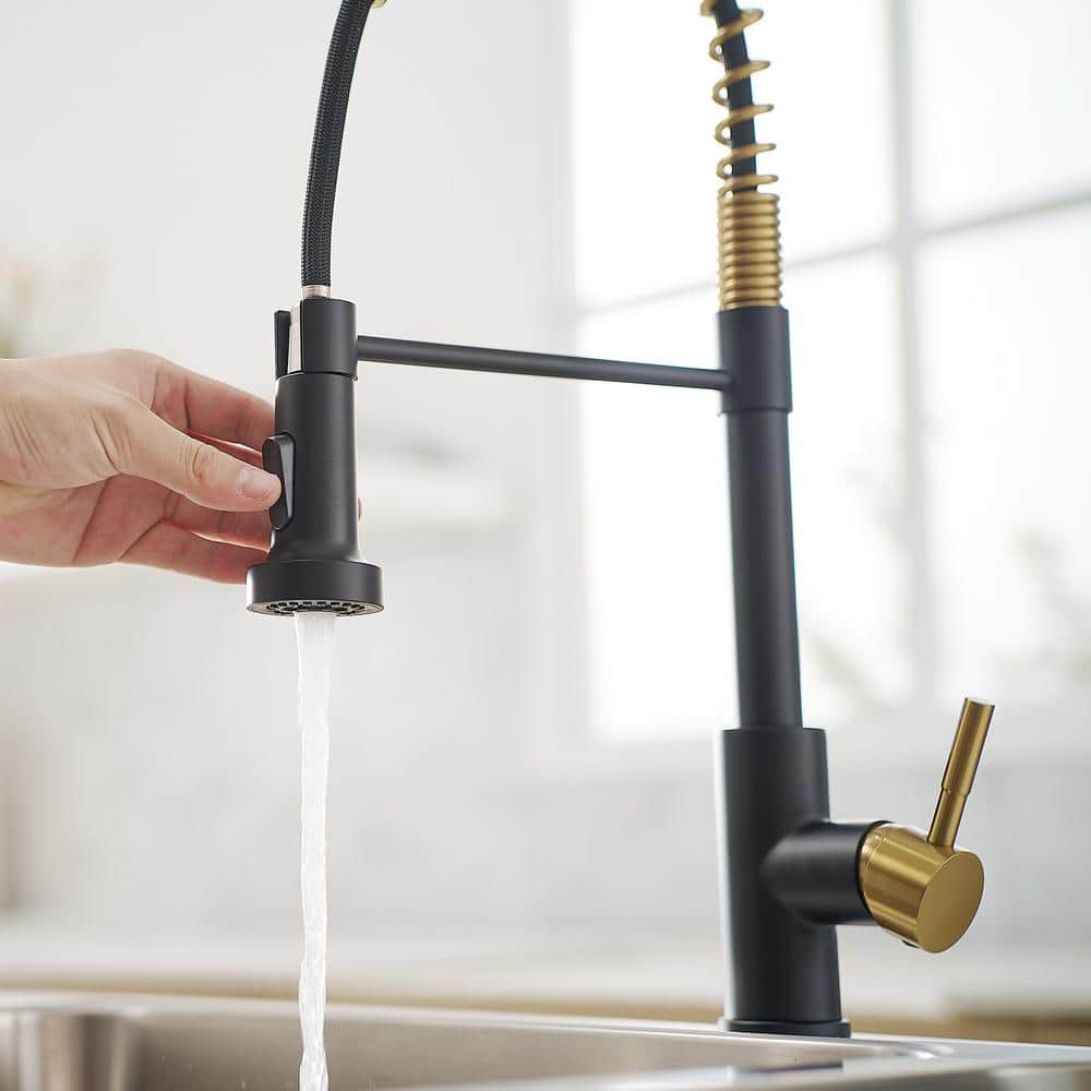  Single Handle No Sensor Pull Down Sprayer Kitchen Faucet In Matte Black And Gold