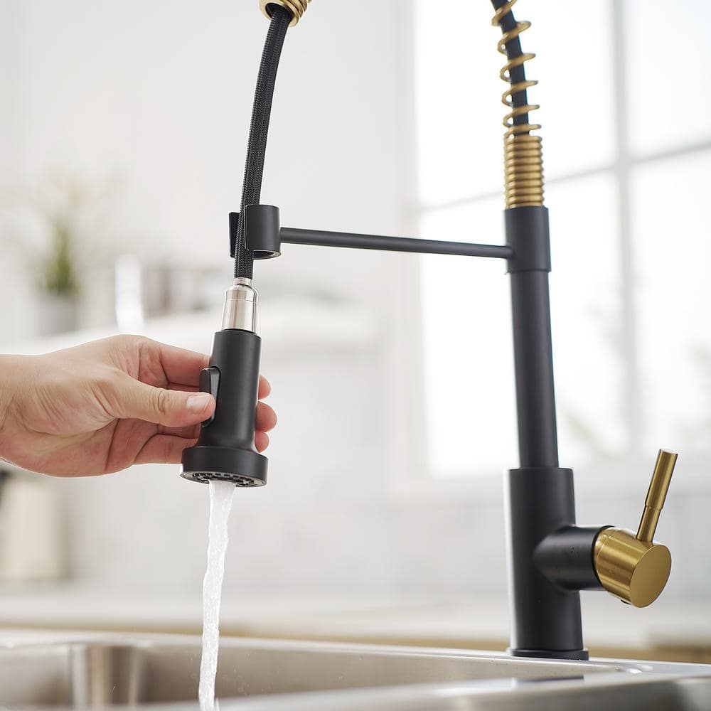  Single Handle No Sensor Pull Down Sprayer Kitchen Faucet In Matte Black And Gold