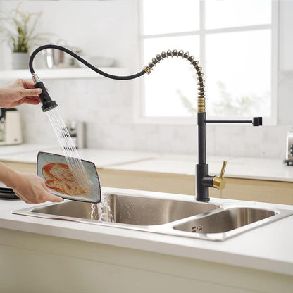  Single Handle No Sensor Pull Down Sprayer Kitchen Faucet In Matte Black And Gold