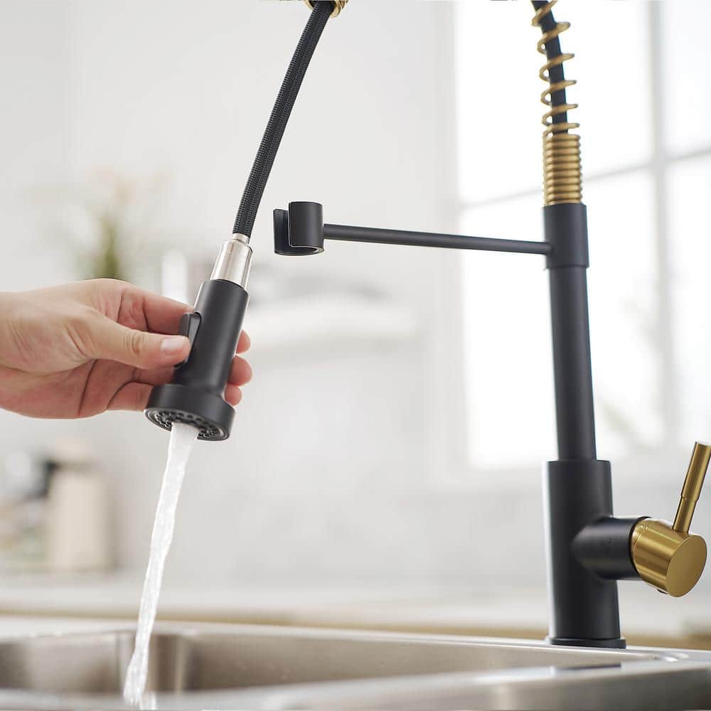  Single Handle No Sensor Pull Down Sprayer Kitchen Faucet In Matte Black And Gold