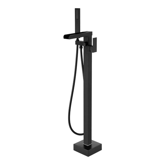  1-Handle Swivel Spout Freestanding Waterfall Tub Filler With Hand Shower In Matte Black