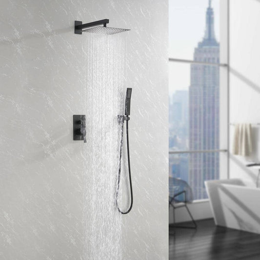  2-Spray Patterns Square Wall Mount Rain Dual Shower Heads With Hand Shower 1.5 Gpm In Matte Black
