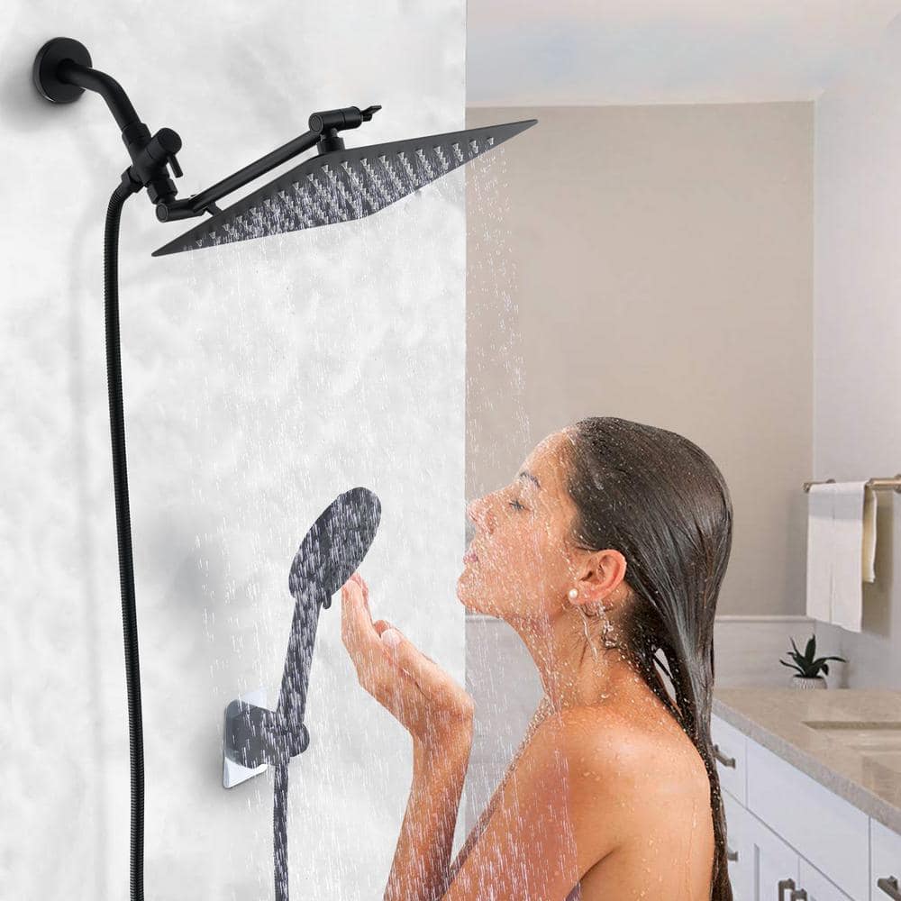  6 Spray Patterns Wall Mount Dual Shower Head And Handheld Shower Head With 2-Way Diverter In Matte Black