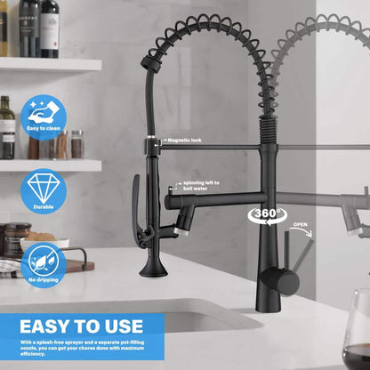  Single Handle Deck Mount Pull Down Sprayer Kitchen Faucet With LED In Matte Black