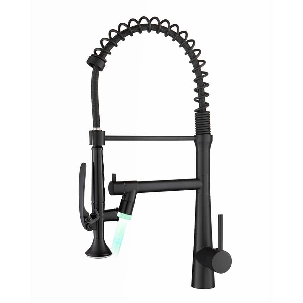  Single Handle Deck Mount Pull Down Sprayer Kitchen Faucet With LED In Matte Black