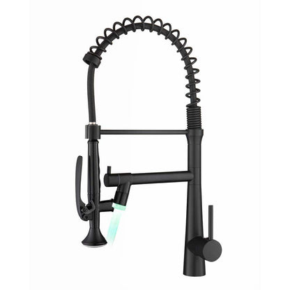  Single Handle Deck Mount Pull Down Sprayer Kitchen Faucet With LED In Matte Black