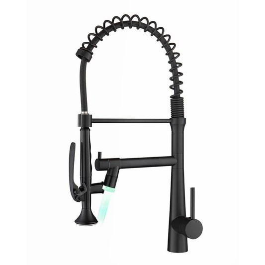  Single Handle Deck Mount Pull Down Sprayer Kitchen Faucet With LED In Matte Black