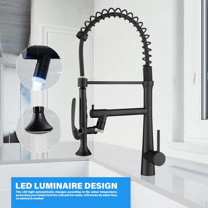  Single Handle Deck Mount Pull Down Sprayer Kitchen Faucet With LED In Matte Black