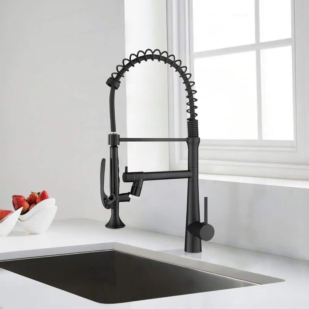  Single Handle Deck Mount Pull Down Sprayer Kitchen Faucet With LED In Matte Black