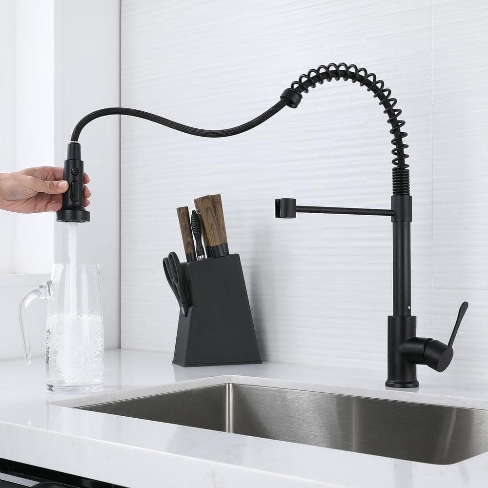  Single Handle Deck Mount Pull Down Sprayer Kitchen Faucet In Matte Black