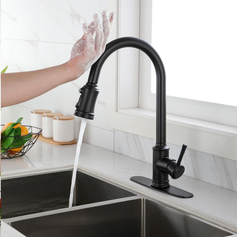  Single-Handle Touch High Arc Stainless Steel Pull Out Sprayer Kitchen Faucet In Matte Black