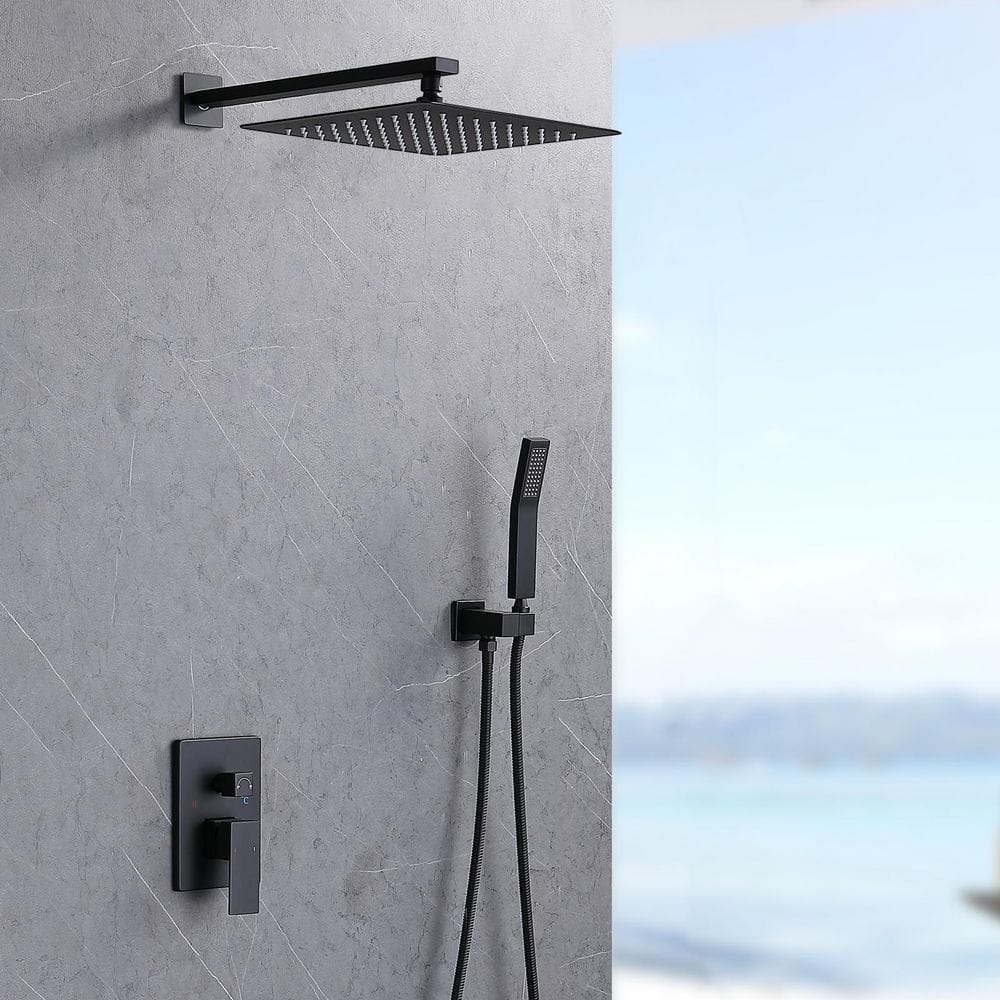  Single-Handle 2-Spray Patterns Rainfall Rectangle Dual Shower Head In Matte Black (Valve Included)