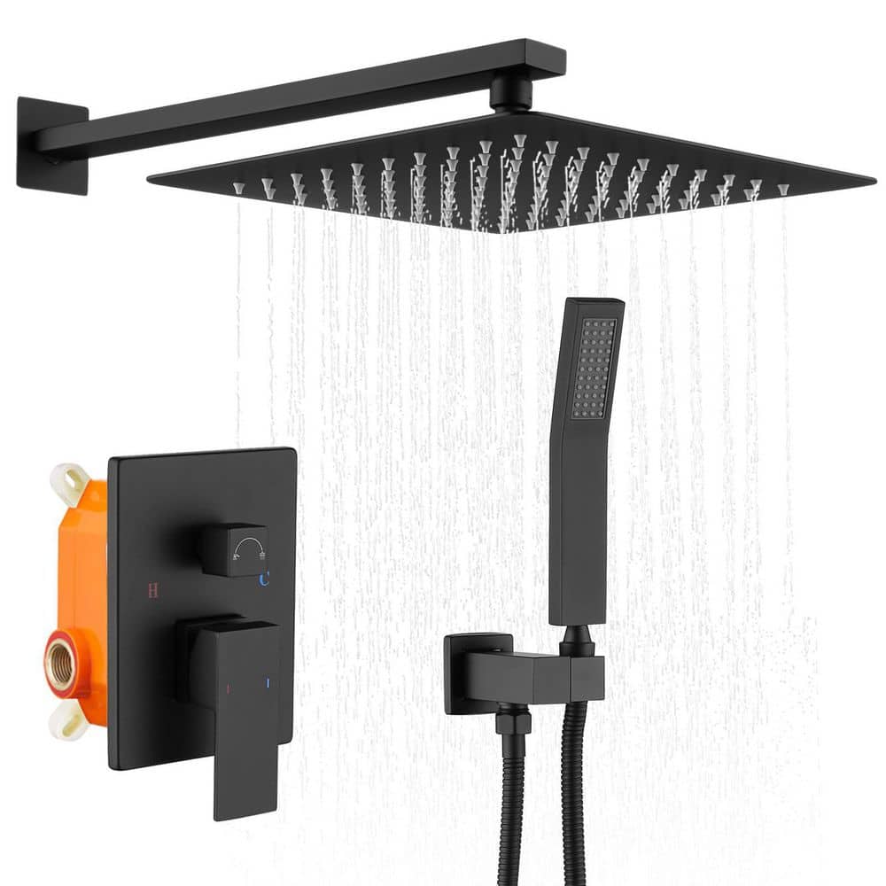  Single-Handle 2-Spray Patterns Rainfall Rectangle Dual Shower Head In Matte Black (Valve Included)