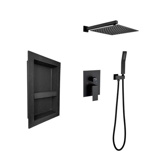  2-Spray Shower System With Rain Shower Head, Hand Shower Head, Water Control Valve, Shower Bracket, Hose And Niche