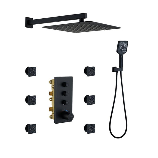  3-Spray 1.8 GPM Ceiling Mount Dual Square Handheld Shower Set In Matte Black