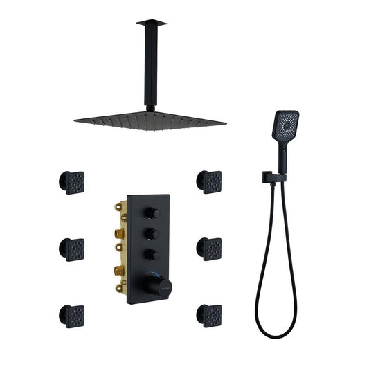  3-Spray 1.8 GPM 12 In. Ceiling Mounted Dual Square Handheld Shower Set In Matte Black