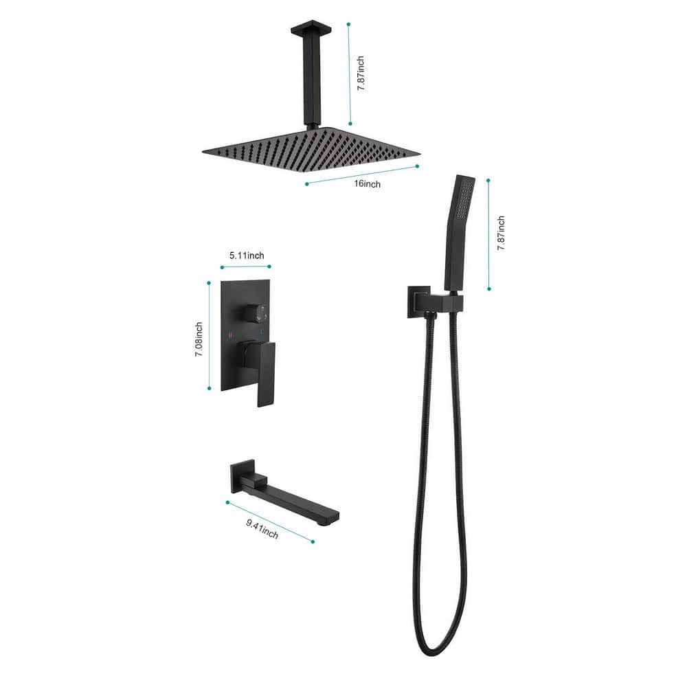  Dual 2-Spray Patterns Ceiling Mount Fixed And Handheld Shower Head 2 GPM In Matte Black