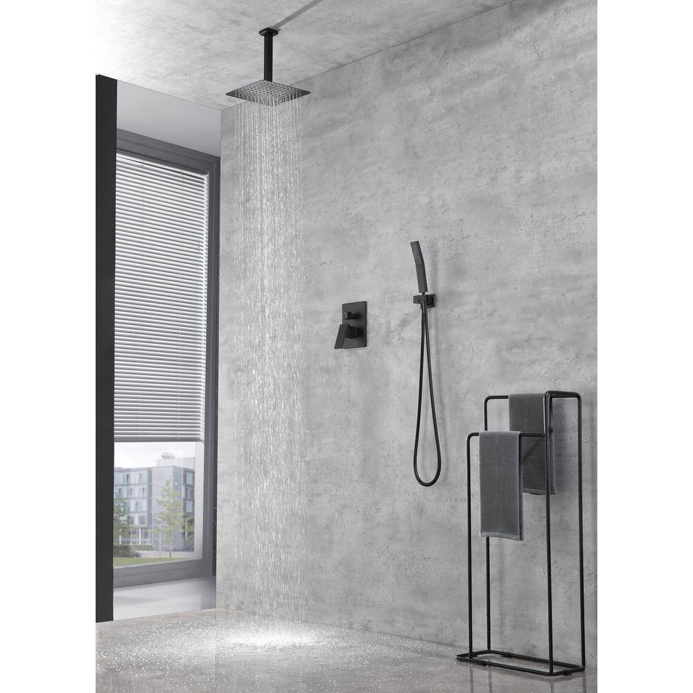  2-Spray Patterns Ceiling Mount Square Rainfall Dual Handheld Shower Head 2.5 GPM In Matte Black