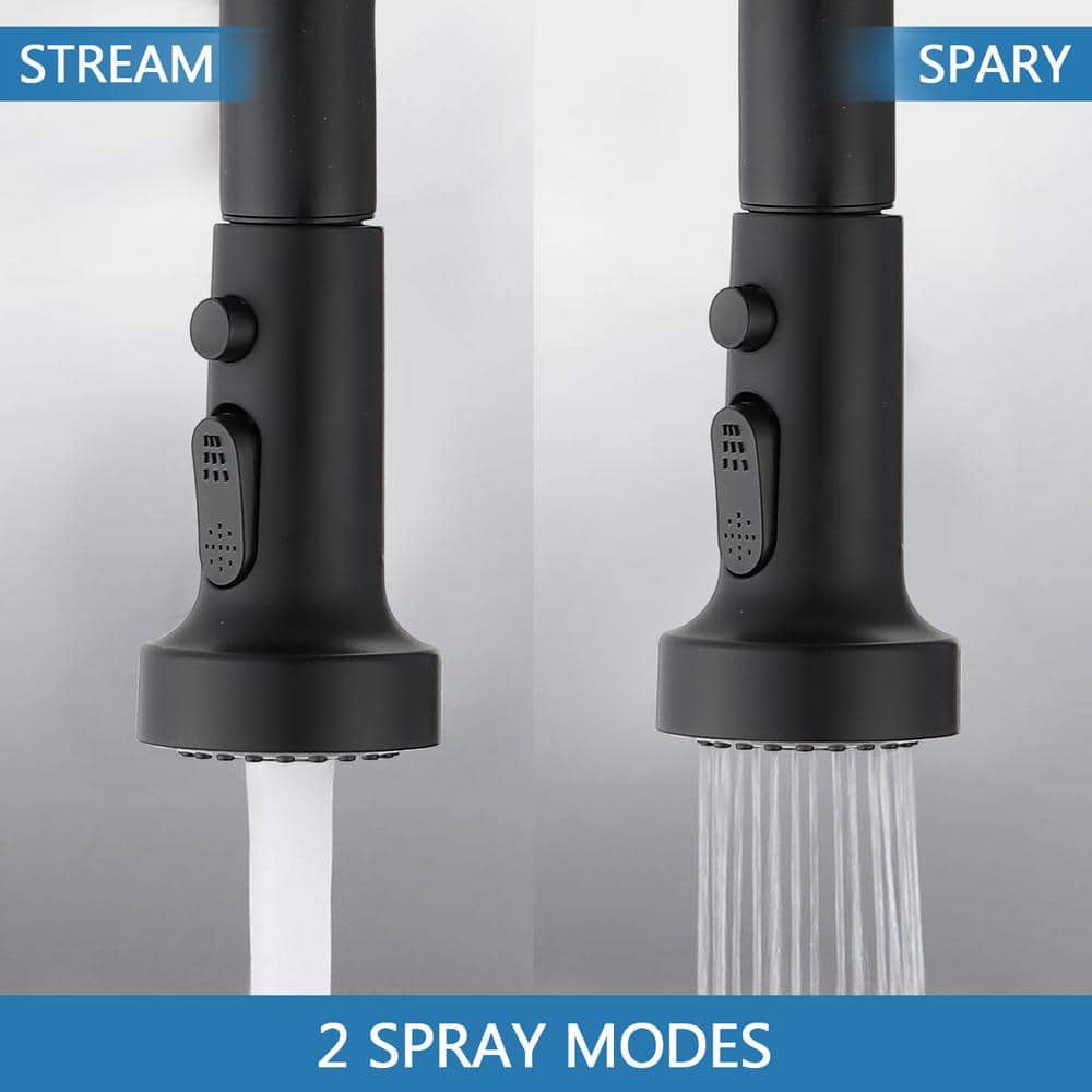  Single Handle Deck Mount Gooseneck Pull Down Sprayer Kitchen Faucet With Deckplate And Soap Dispenser In Matte Black