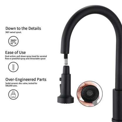  Single Handle Deck Mount Gooseneck Pull Down Sprayer Kitchen Faucet With Deckplate And Soap Dispenser In Matte Black