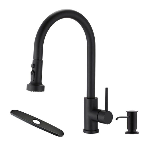  Single Handle Deck Mount Gooseneck Pull Down Sprayer Kitchen Faucet With Deckplate And Soap Dispenser In Matte Black