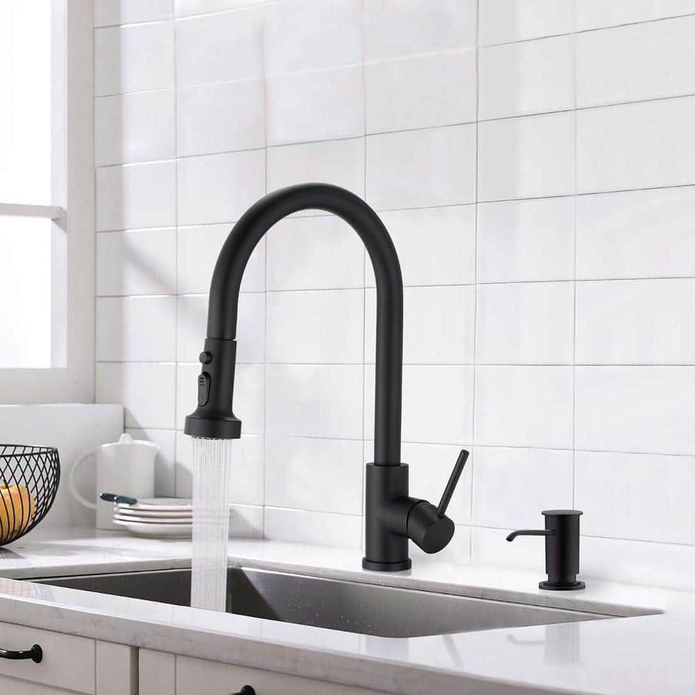  Single Handle Deck Mount Gooseneck Pull Down Sprayer Kitchen Faucet With Deckplate And Soap Dispenser In Matte Black
