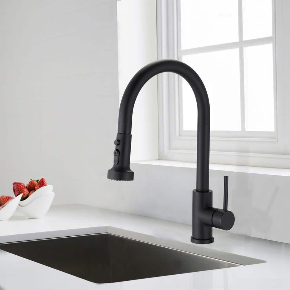  Single Handle Deck Mount Gooseneck Pull Down Sprayer Kitchen Faucet With Deckplate And Soap Dispenser In Matte Black