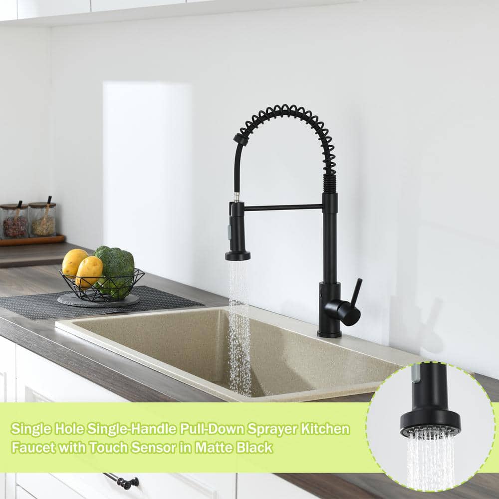  Single Handle Pull-Down Sprayer Kitchen Faucet With Touch Sensor In Matte Black