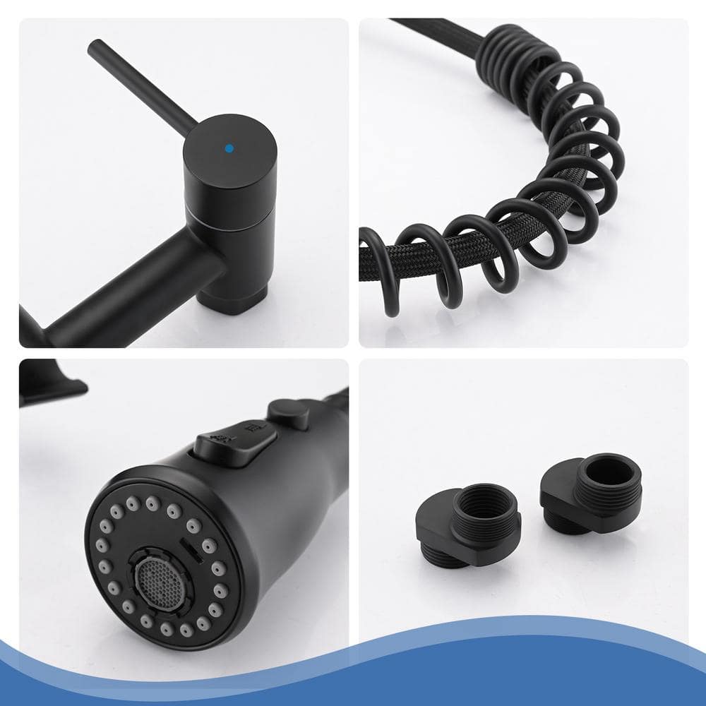  Double Handle Pull Down Sprayer Kitchen Faucet In Matte Black