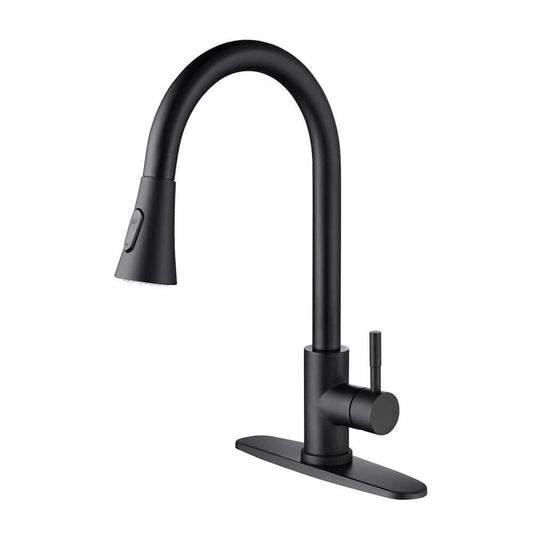  Single Handle Deck Mount Gooseneck Pull Out Sprayer Kitchen Faucet With Deck Plate And Pull-Down Sprayer In Matte Black