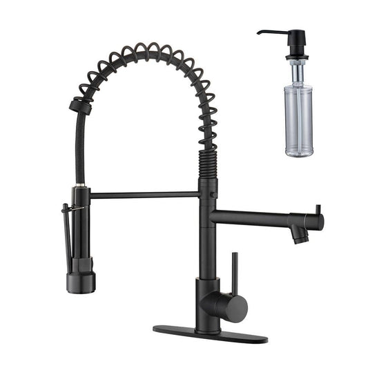  Single Handle Pull Out Kitchen Faucet Deckplate Included With Copper Pump Soap Dispenser In Matte Black