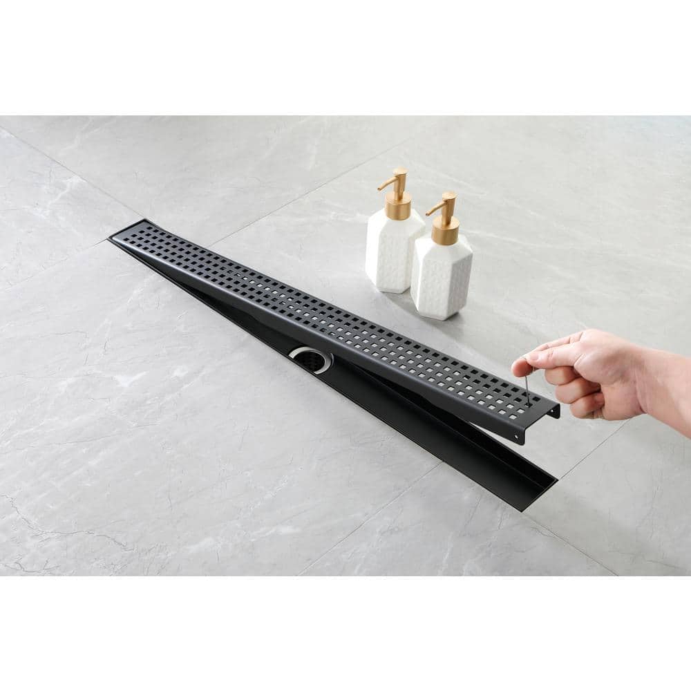  28 Inches Linear Shower Drain With Removable Quadrato Pattern Grate, Hair Strainer And Leveling Feet In Matte Black