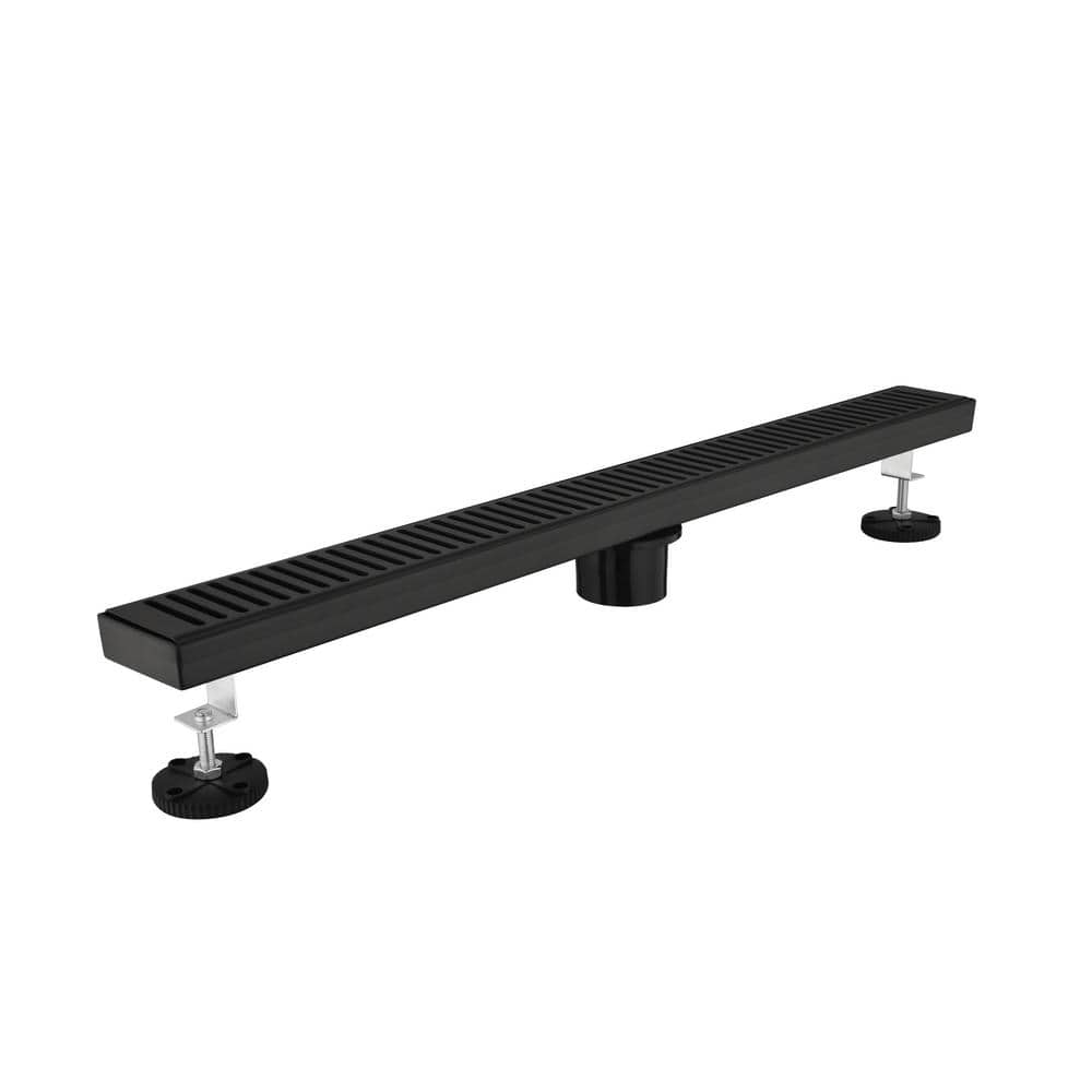  28 Inches Linear Shower Drain With Removable Quadrato Pattern Grate, Hair Strainer And Leveling Feet In Matte Black