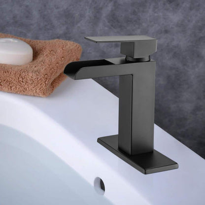  Single Handle Wall Mounted Bathroom Faucet With Deck Plate & Overflow Pop Up Drain In Matte Black